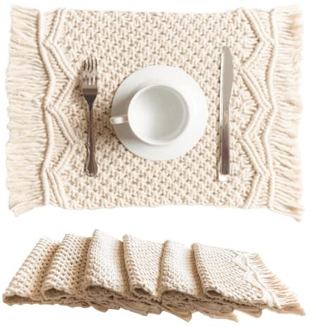 SnugLife Makramee-Platzsets, handgefertigt, gewebte Boho-Platzsets aus Baumwolle, Moderne Bauernhaus-Fransen-Tischsets für Esstisch, Küche, böhmische Hochzeitsdekoration, rustikales natürliches