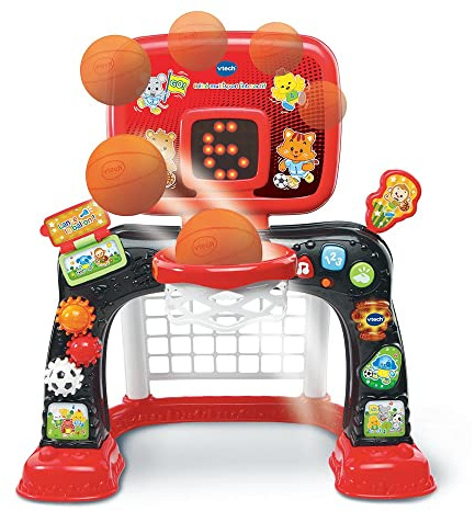 VTech - Bébé Multisport Interactif Rouge et Noir, Structure de Motricité Bébé 2 en 1, Cage de Foot, Panier de Basket avec Tableau de Score et Ballons, Cadeau Enfant Dès 1 an - Contenu en Français