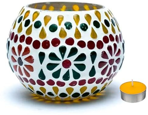 Portavelas de cristal de mosaico de 7 cm de diámetro, 8 cm de altura. Apto para velas votivas o luz LED – Vela perfumada de regalo