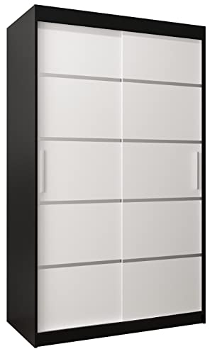 MEBLE KRYSPOL Schwebetürenschrank Verona 1 120 cm Kleiderschrank mit Kleiderstange und Einlegeboden Schlafzimmer- Wohnzimmerschrank Schiebetüren Modern Design (Schubladen: 0, Schwarz + Weiß)