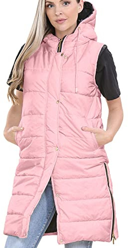 A2Z Ladies Hooded Quilted Long Gilet Padded Sleeveless Jacket | Longline Zip Fastening Side Pockets Lightweight Winter Outerwear