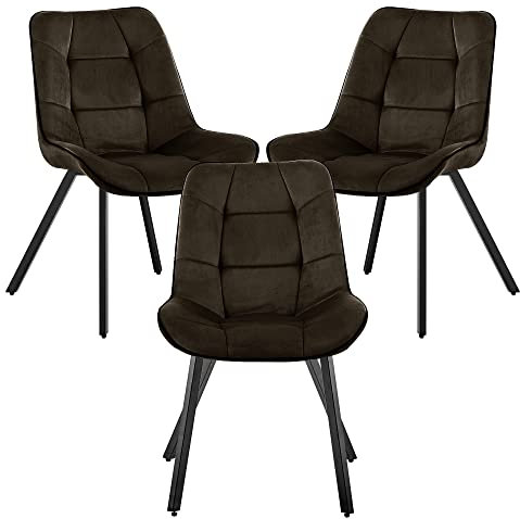 TRISENS Samtstühle Stoffstühle Polsterstuhl Esszimmerstühle Küchenstühle aus Samt Metallbeine (Braun, 3 Stück)