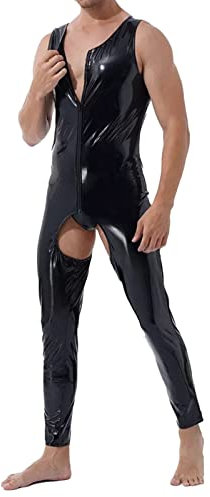 Latex Catsuit Männer Herren Jumpsuit aus Wetlook Material Slim Fit Latex Glänzend Overall Sexy Oberteil Lack Leder Mesh Herrenmode Outfit Muskelshirt Party Clubwear Lack Optik Wetlook