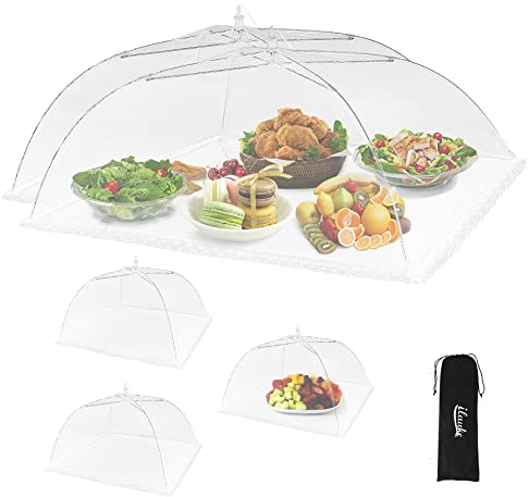 ilauke 5er Set Fliegenhaube, 2 Groß Faltbare fliegenhaube(100x60cm) und 3 Standard Faltbare Kuchenabdeckung für Obst Essen Lebensmittel Grill Party Buffet Picknick Camping mit Aufbewahrungstasche,Weiß