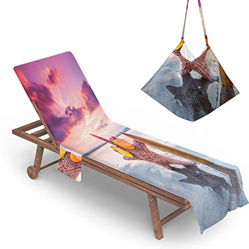 Morbuy Liegestuhl Handtuch mit Taschen, Seestern Muster Strandliegen Handtuch Mikrofaser Strandtuch für Liegen/Handtücher für Strandliegen/Strandtuch, Kapuze für Besseren Halt (Dämmerung)