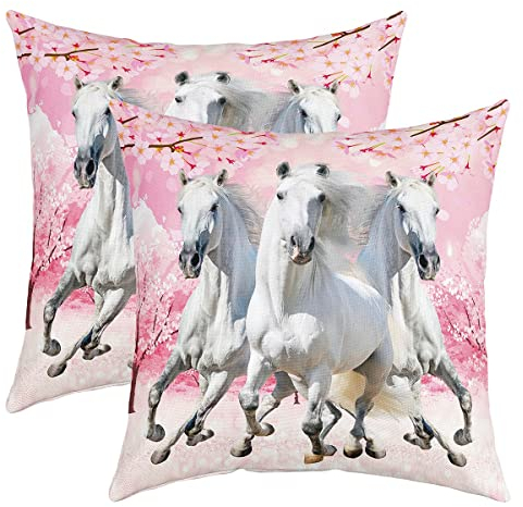 Galoppieren Pferd Kissenbezüge 40x40cm 2er Set Kissenbezüge Pferd Floral Kissenbezug Kissenhülle Wohnzimmer Schlafzimmer Kirsche Blütes Dekokissen Dekor Sofakissen Couchkissen Sofa Couch Vorsitz