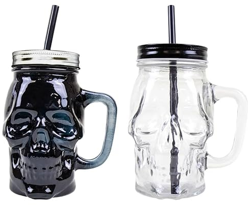 Einmachgläser, klares Glas und schwarzer Totenkopf-Motiv, Cocktailgläser, 450 ml, mit Henkel, Deckel und Strohhalmen, 2 Gläser