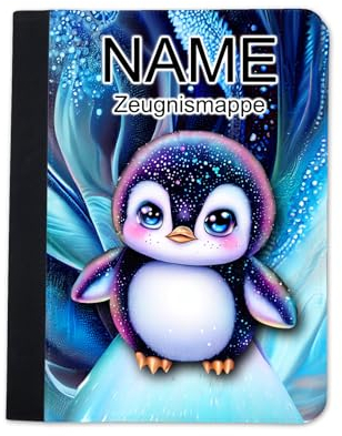 Zeugnismappe mit Name | Zeugnismappe personalisiert | mit Klarsichthüllen A4+ | Urkundenmappe | personalisierte Dokumentenmappe mit Platz für U-Heft, Impfpass, Schwimmpass, Fahrradpass (Pinguin)