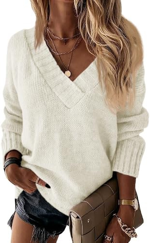 Wenrine Jersey de Invierno para Mujer, Manga Larga, Cuello en V, Sexy, Suelto, Monocolor