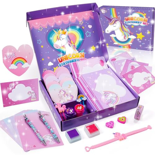 Geebiiny Einhorn Geschenke für Mädchen,Mädchen Geschenke 4 5 6-12 Jahre Briefpapier Geburtstag Geschenk für Mädchen 4-12 Jahre Schreibwarenset Polly Pocket Einhorn Bastelset Briefpapier mit Umschlag