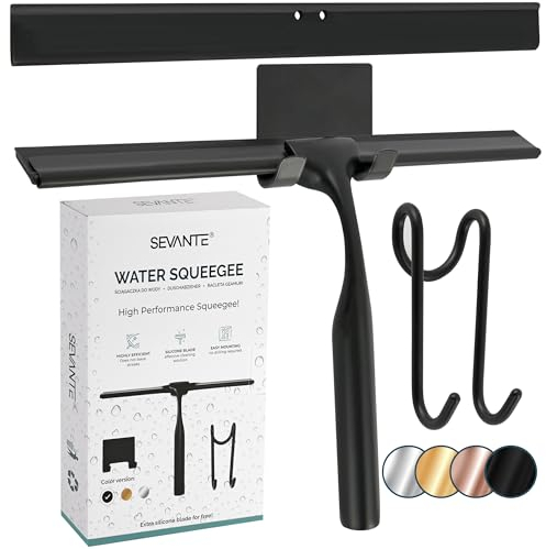 SEVANTE Duschabzieher 24,5 cm - Metall Fensterabzieher - Bad Accessoires - Abzieher Dusche mit Halterung - Flitsche für Dusche, Glas und Spiegel - Duschkabinenabzieher - Schwarz