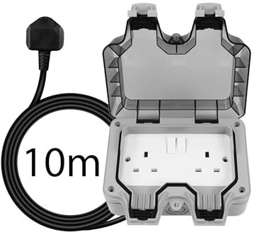 Shine Planet Weatherproof Double Outdoor Socket Box - IP66 Rated, 13Amp 2 Gang Switched Socket, 3-20M (10M) Extension Lead