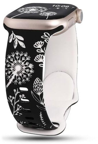 Wearlizer Floral Engraved Strap Compatible with Apple Watch Band 41/40/38/42mm Women, Two-Tone Flower Soft Silicone Cute Sport Strap for iWatch Series 11 10 9 8 7 6 5 4 3 2 1 SE Black/White