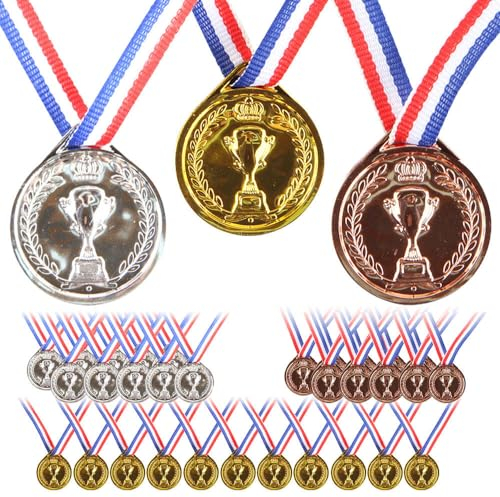 XPJBKC 30 Stück Medaillen Kinder, Medaille Plastik mit Band und Trophäe, Golden Silber Bronze Medaillen Kindergeburtstag, Super Medaille Kinder für Olympia Sport Wettkämpfe Partys Deko