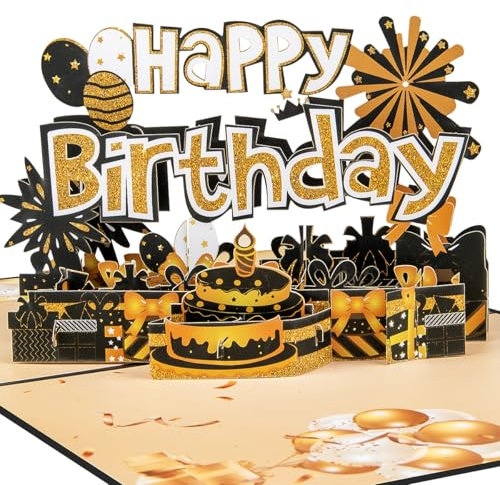 CNLITIHEKA Schwarz Gold Geburtstagskarte, Pop Up Geburtstagskarten mit Umschlag, 3D Glückwunschkarten zum Geburtstag für Männer Frauen Ehefrau Ehemann Oma Opa.