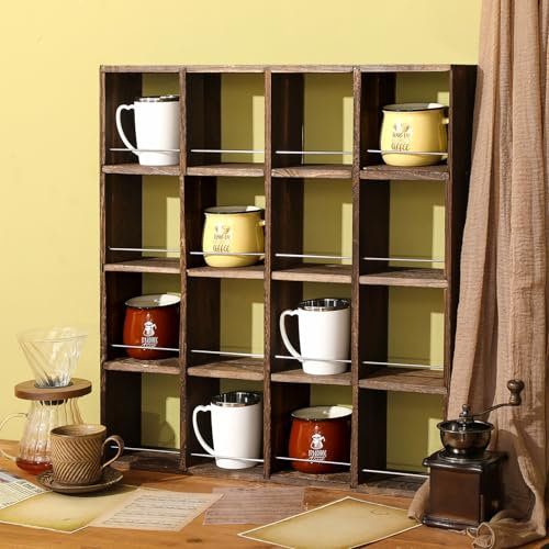 Kigley Oversize Coffee Mug Display Rack Wooden Shelves Rustic Shot Glass Display Case Travel Mug Shelf Wall Mounted Rack Holder Shadow Box, 4 x 4(Deep Brown)