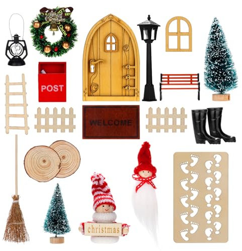 PBWZF Wichteltür Komplettset 21 Stück, Wichteltür Set für Kinder mit Licht Wichtel Briefkasten Fußspuren Stiefel, Holz Weihnachtswichtel Wichtelhaus Deko, Adventskalender Set für Weihnachten