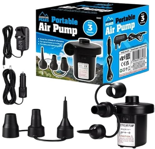 ADVENTURE PEAKS Electric Air Pump For Inflatables - Portable Electric Pump with Fast Inflation & Deflation - Electric Air Pump with 3 Nozzles and 2 Chargers - Paddling Pool, Air Bed, Camping Toys