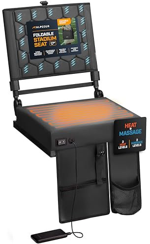 Alpcour Foldable Reclining Heated Massage Stadium Seat with Multiple Pockets, Anti-Slip Bottom, Bleacher Hooks, Bag Hook, Adjustable Height
