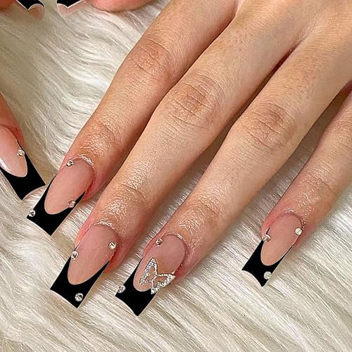 24Pcs Französische Spitze zum Aufdrücken der Nägel, Fake Nägel mit French Tip und Schmetterlings-Design, Vollständige Abdeckung, Künstliche Nägel mit Strasssteinen für Frauen & Mädchen (Schwarz, 24x)