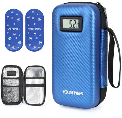 YOUSHARES Nevera Medicamentos Portatil con Indicador de Temperatura, Nevera Insulina Viaje, Nevera Portatil Insulina con 2 Bolsas de Hielo Grandes para Viajes y Uso Diario(Azul)