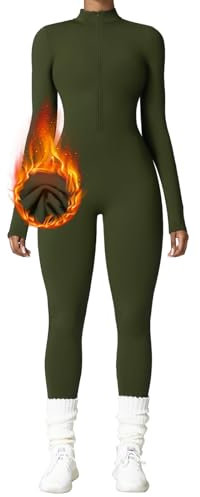 OEAK Tuta Intera Donna Invernale Tuta Felpata Donna Sportiva Aderente Maniche Lunghe Tute in Pile Donna Elegante con Cerniera Tinta Unita per Yoga Palestra Ginnastica, Verde Militare, XL