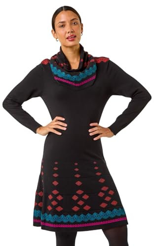 Roman 2 in 1 Nordic Print Scarf Neck Knitted Dress for Women UK Ladies Autumn Everyday Winter Holiday Long Sleeve Soft Knee Length Comfy Fit & Flare Frock Office - Black - Size 16