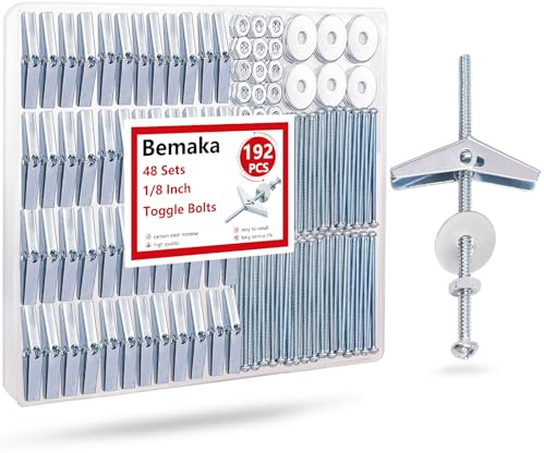 Bemaka 192Pcs 1/8 Inch Toggle Bolts, Heavy Duty Drywall Anchors and Screws Kit, Butterfly Anchors Toggle Bolts and Wing Nut Kit with Nuts Washers for Hollow Wall, Ceiling (48 Sets)