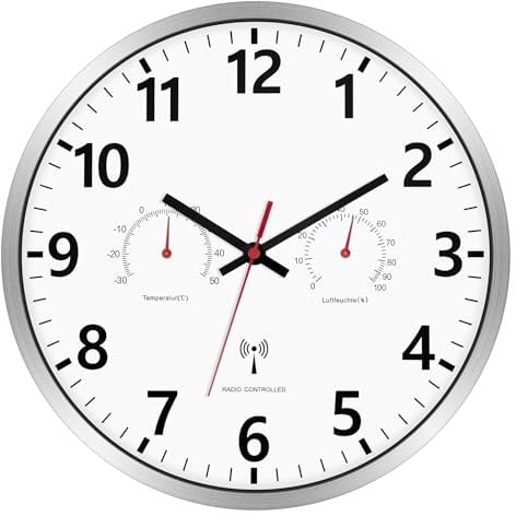 Foxtop Funk Wanduhr, Quarz-Wanduhr mit Temperatur und Luftfeuchtigkeit,Geräuschlos Lautlos Uhr für Bad, Küche, Wohnzimmer, Garage (30 cm)
