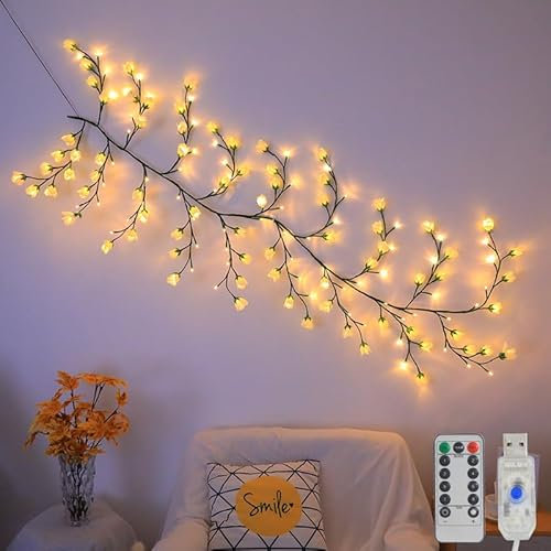 Kirschblüten Willow Vine Wand Deko - 144 LEDs Lichterkette Wanddeko mit Fernbedienung, 8 Modi, Timer, Weidenrebe Baum Lichter für Schlafzimmer Deko Weinachtsdekorationen (Maiglöckchen 144 LEDs)