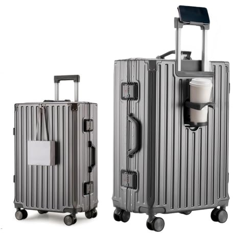 yuweijie Multifunktions Koffer mittelgroß Alu-Rahmen Hartschale Trolley Reisekoffer Handgepäck Zwillingsrollen ZahlenSchloss(Grau, 68cm,75L)