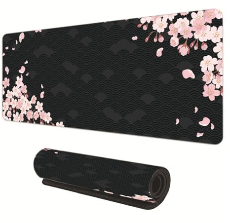 Gaming Mauspad XXL 900 x 400 mm, Rutschfeste Schreibtischunterlage für Büro, Schreibtischunterlage Mädchen, Sakura Maus Pad für PC, MacBook, Laptop (Schwarz 90 x 40 cm)