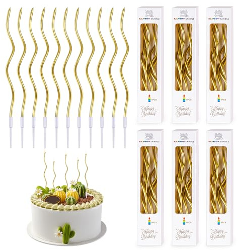 Set di 60 Candeline Compleanno,Candele a Spirale di Compleanno Lunga Sottile con Superficie Metallica Torta Cupcake Candele per Torte Lunga Compleanno Matrimoni Eventi, Candeline Supporto Decorazione
