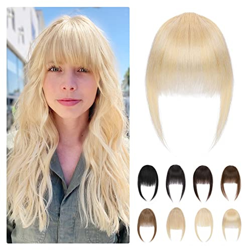 MY-LADY Clip in Pony Haarteil Echthaar, 9g Neat Bangs with Temples, Blond Clip in Fringe Human Hair Ordentlicher Gerader Pony Haarteil Für Frauen(#613)