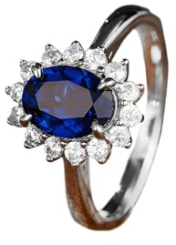 Eheringe Lesbisch Frauen Ring Blau 9K Weißgold Elegantes Blumendesign, 4 Krappen, Ovaler Labor-Saphir, 1,9 Ct, mit Rundem Moissanit Größe 56 (17.8) Aktualisierung 3.0 für Damen Danksagung Schmuck