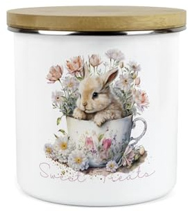 Bunny Rabbit Personalised Storage Canister - Teacup Bunny Enamel Home/Kitchen Container Tin Gift
