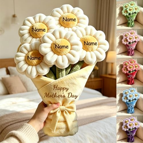 Cuscino in peluche personalizzato con stampa piatta 2D a forma di bouquet di margherite, per divano, camera da letto, soggiorno, personalizzabile con 1-10 nomi, tema Festa della Mamma, bouquet per la