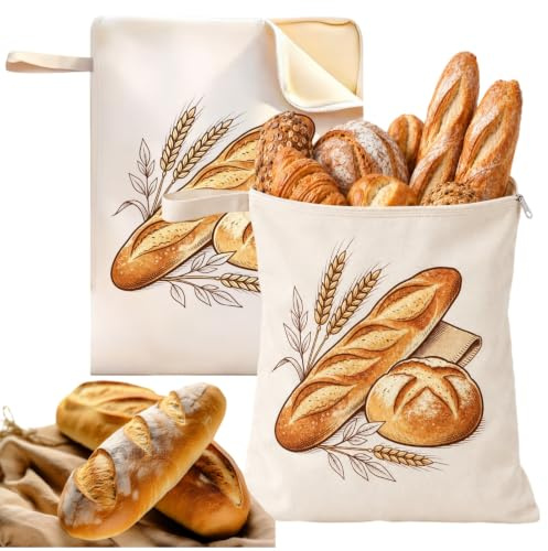 Bienenwachs Brotbeutel - Wiederverwendbare Brotbeutel, 2 Stück 43cm×33cm | Lebensmittellagerbeutel für Brot und Backwaren, um frisch zu bleiben| Tragbarer Handgriff, Reißverschluss