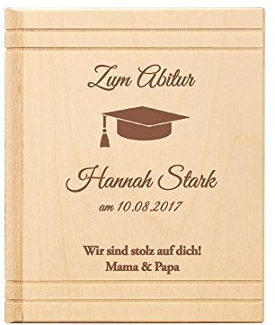 Casa Vivente Spardose mit Gravur – Zum Abitur – Buch aus Holz – Personalisiert mit Namen und Datum – Motiv Hut – Sparbüchse aus Birkenholz – Geschenkidee zum Schulabschluss