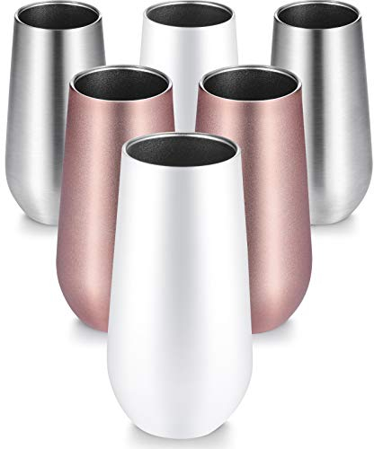 Maxdot 6-Piece Modern Rose Gold, Silver, White Stainless Steel Stemless Champagne Flutes (6 oz) - Double Insulated, Break Resistant, Reusable Wine Glass Tumblers