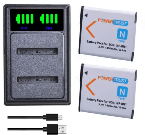 PowerTrust 2-Pack NP-BN1 NP-BN Battery and Charger for Sony Cyber-shot DSC-W800 DSC-W530 DSC-WX220 DSC-W830 DSC-W810 DSC-W310 DSC-W320 DSC-WX60 DSC-WX100