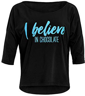 Winshape Damen Ultra leichtes Modal-3/4-Arm Shirt MCS001 mit neon blauem „I Believe in Chocolate” Glitzer-Aufdruck, Dance Style, Fitness Freizeit Sport Yoga Workout Schwarz-neon-blau-Glitzer M