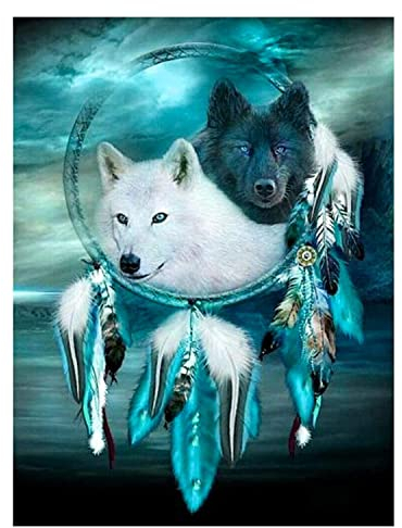 MWOOT 5D Diamant Gemälde von Leinwandbild Nummer Kit,DIY Voller Diamond Pasted Painting Strass Stickerei Kreuzstich Kunst Handwerk Diamant für Home Wall Wanddekoration (30x40CM), Traumfänger und Wolf
