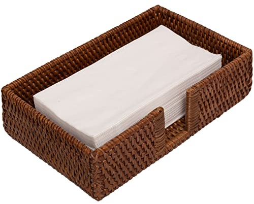 Rattan Guest Towel Holder For Bathroom Towel Caddy Rectangular Napkin Tray 9.4 X 5.9 X 2.4 Inches Wicker Toilet Tank Basket Tissue Paper Hand Towels Storage Countertop (Guest Towel, Dark Brown)