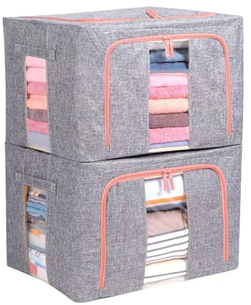 Tasmegol 2 Pack Storage Bins Boxes with Clear Windows and Metal Frames Collapsible and Stackable Linen Fabric Closet Organizer Container for Clothes Beddings (Grey)