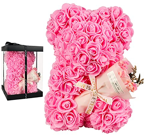 POHOMEGK Ours Rose Eternelle avec Collier, Ours en Rose Cadeau Unique pour Femme :Saint Valentin,Fête des Mères,Noel,Mariages, Anniversaire