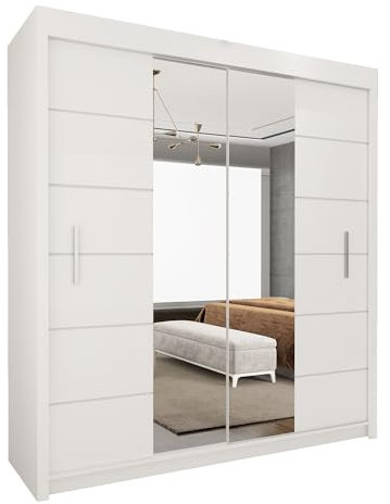 UK SLIDING WARDROBE Modern 2&3 Mirror Sliding Doors Wardrobe With Adjustable Shelves, Hanging Rails,Bedroom Furniture Matt Finish (White, 203cm)