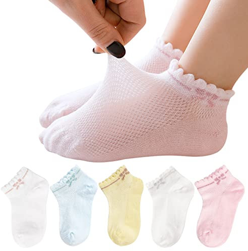 Looching Confezione da 5 paia di calzini sottili in rete di cotone a taglio basso per bambini senza spettacolo calzini alla caviglia 1-12T bianco morbido/multicolore, Multicolore, 3-5 Anni