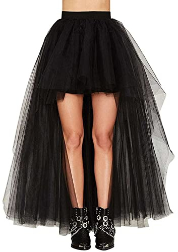 CAMDOM Dam Hi-Lo lång tutu tyll bustle-kjol elastisk midja oregelbunden nät mesh-kjolar för daglig användning, bal, fest, Svart, XS-L