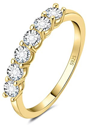JewelryPalace Modeschmuck Klassisch 6 Stein 1.5mm 0.6ct Moissanite Band Ring Damen, Hochzeitsringe Silber 925 Trauringe Eheringe Frauen, Vorsteckring Halb Eternity Ring Bandring Schmal Vergoldet 54